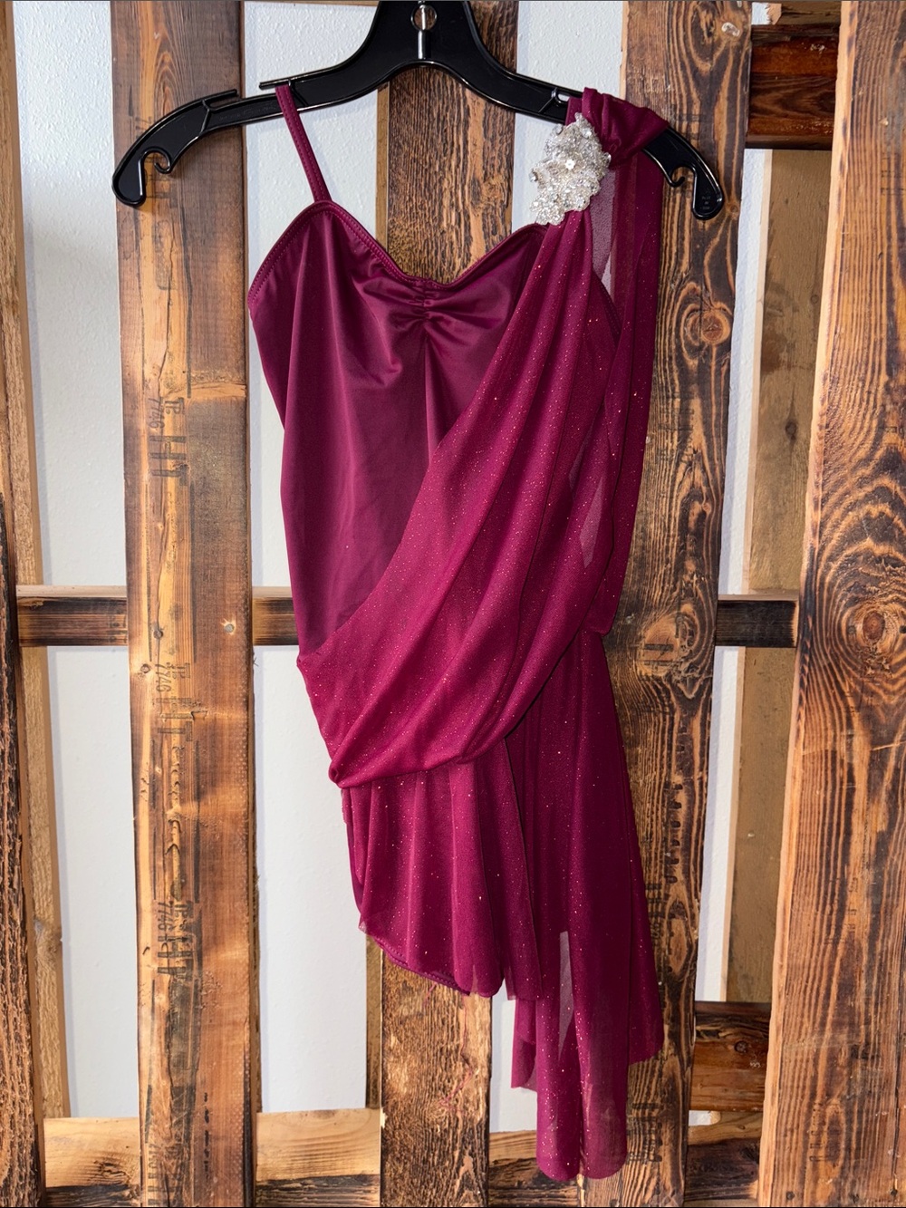 balera Wine One-Shoulder Dress with Crystal Shoulder Accent